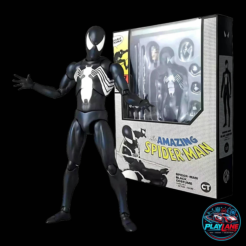 CT Toys Marvel Comics: Spider-Man (MAFEX No. 147 Symbiote Black Costume Comic Ver.) 1/12 Scale Highly Articulated Action Figure with Magnetic Hands & Feet, Web Lines & Dynamic Display Stand