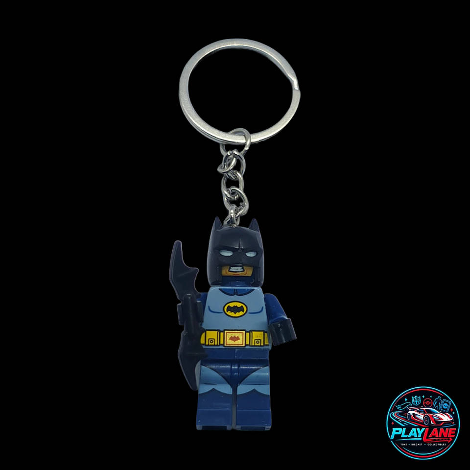 DC Batman Classic Blue & Grey Suit Custom Brick Minifigure Keychain (LEGO-Compatible with Large Batarang Weapon)