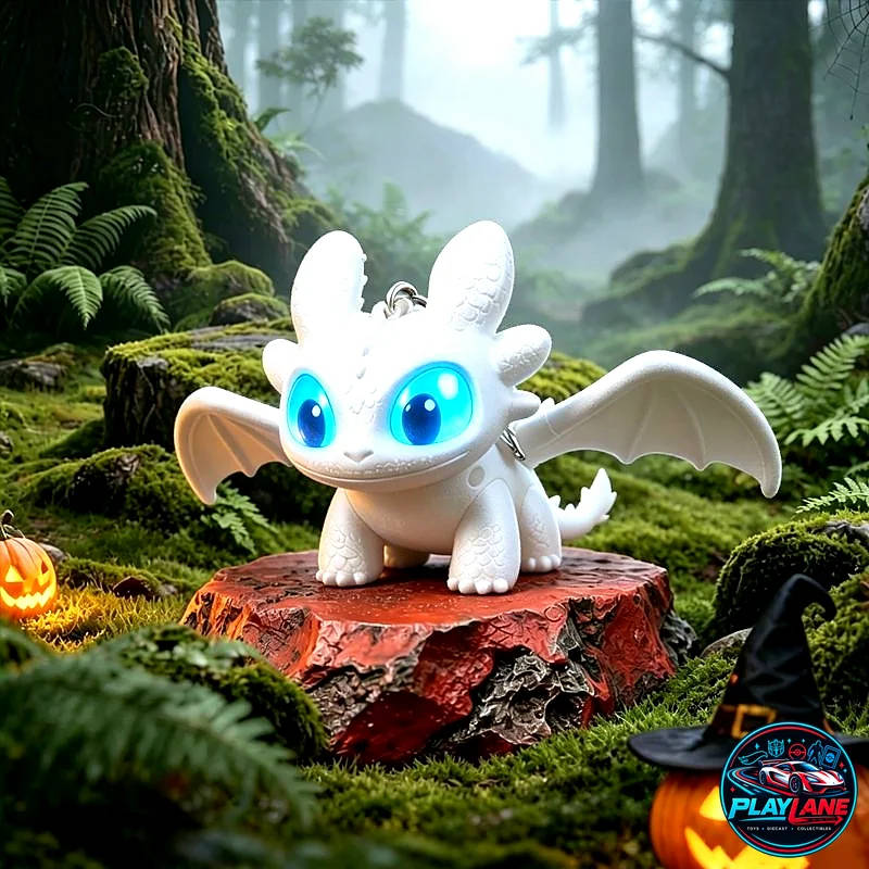 DreamWorks How to Train Your Dragon: Toothless (The Night Fury) 3D Interactive Toy Keychain with Flapping Moving Wings & Glowing LED Light-Up Green Eyes - White