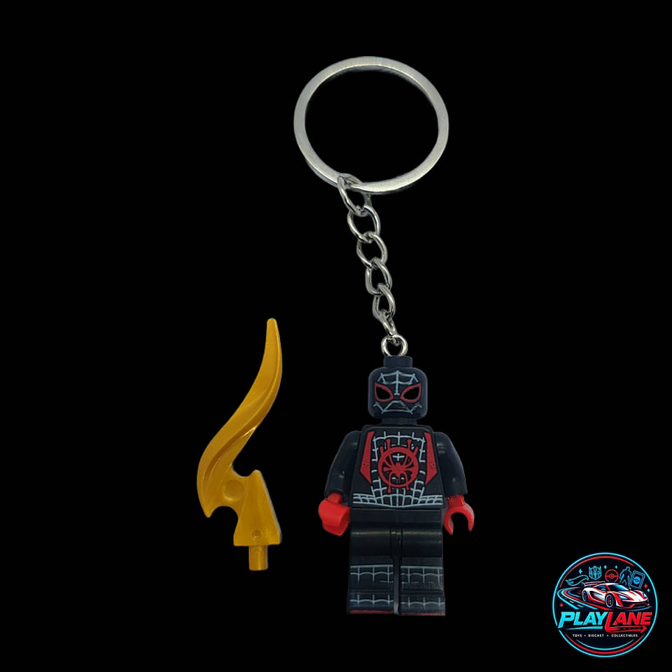 Marvel Spider-Man Miles Morales Custom Brick Minifigure Keychain (LEGO-Compatible with Gold Venom Blast Lightning Blade Accessory)