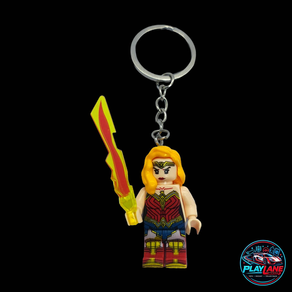 DC Wonder Woman Custom Brick Minifigure Keychain (LEGO-Compatible with Translucent Fire Energy Sword)