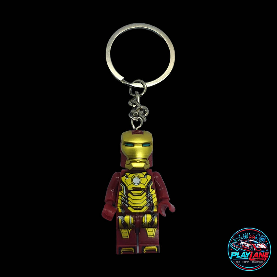 Marvel Iron Man Mark 42 (Flip-Up Visor / Tony Stark Face) Custom Brick Minifigure Keychain (LEGO-Compatible Heavy-Duty Metal Keyring)
