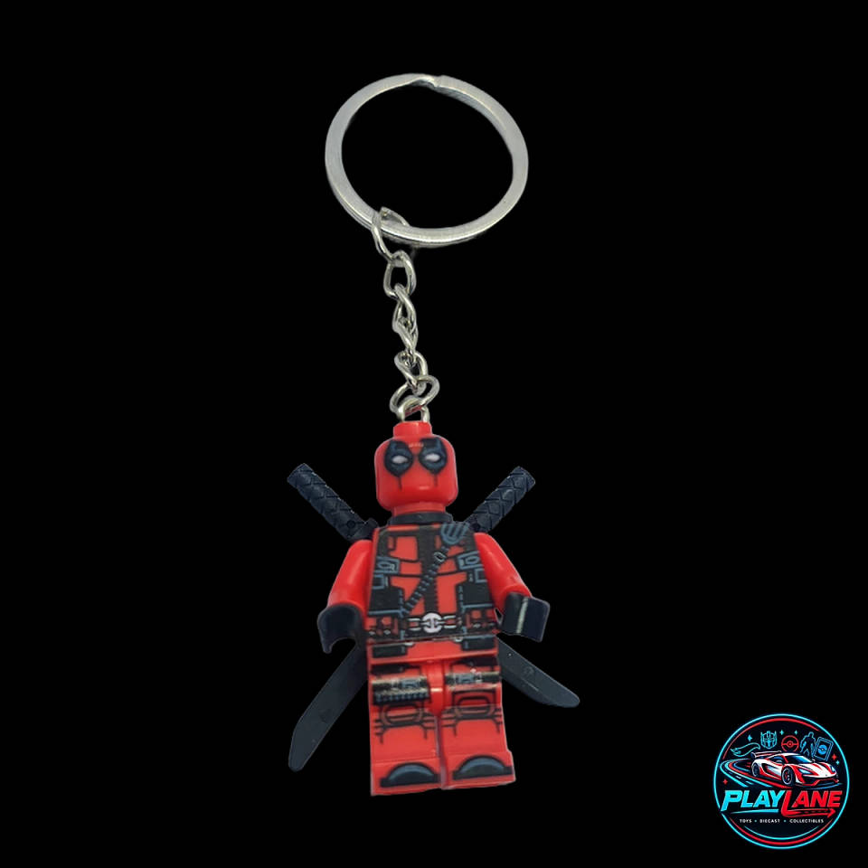Marvel Deadpool Custom Brick Minifigure Keychain (LEGO-Compatible with Dual Katanas & Back Scabbard Harness)