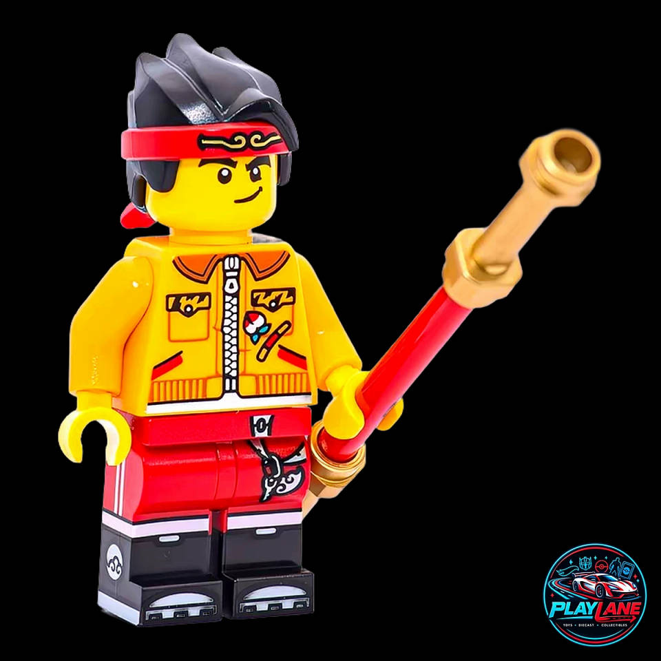 Official LEGO Monkie Kid: Monkie Kid (mk052) Minifigure in Gold Battle Armor with Headset Hair & The Golden Staff