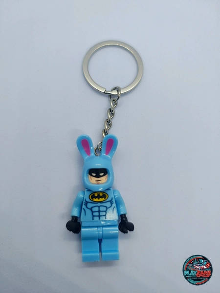 Custom Batman Minifigure Keyring | Premium Brick-Compatible Dark Knight Superhero Pocket Figure Keychain (Blue Bunny Ears Edition)