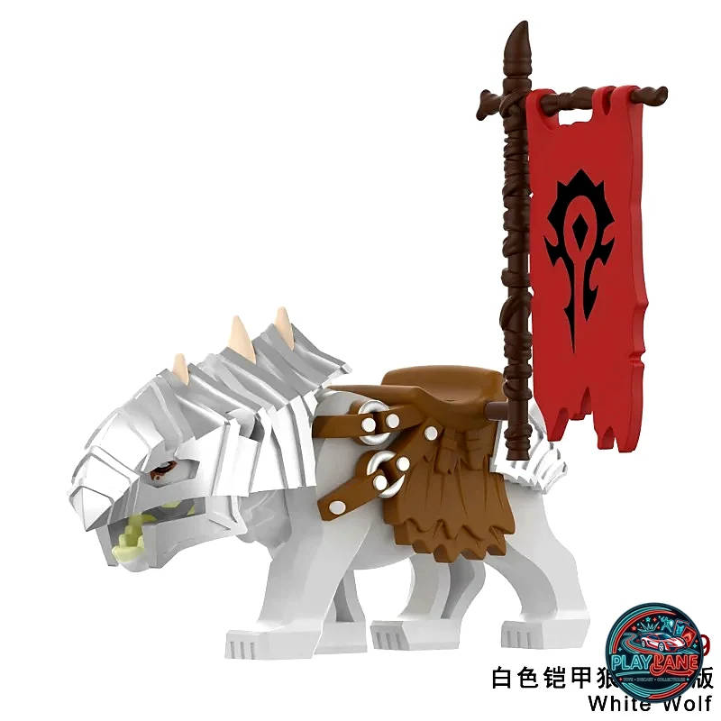 Medieval Series Orc Wolf Rider Minifigure Set with Flags (P8019–P8022 Series) - White Wolf