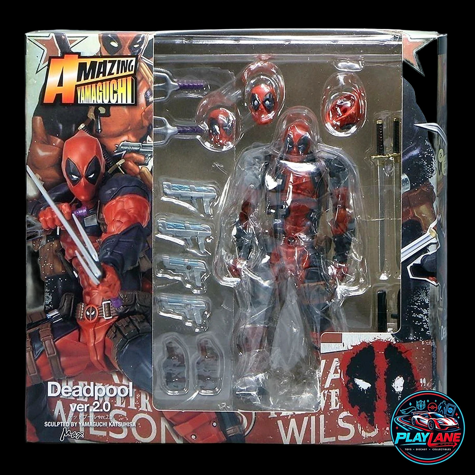 Amazing Yamaguchi Revoltech: Marvel Comics Deadpool Ver. 2.0 (Max Edition) 1/12 Scale KO Action Figure with Katanas, Guns, Interchangeable Eyes & Articulated Display Stand - Main View 1