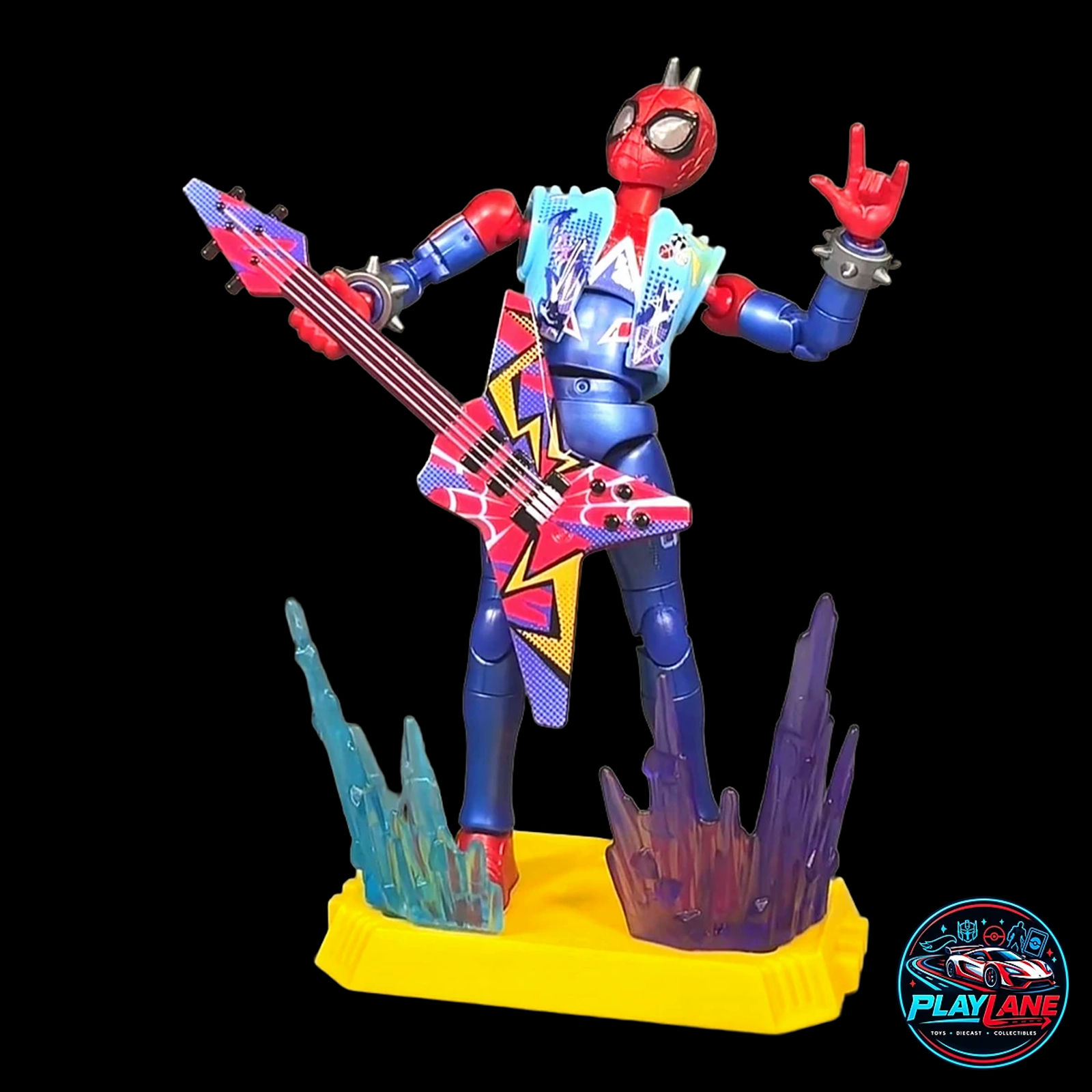 Blokees Marvel Heroes: Galaxy Version 06 (GV-06 Spider-Verse / 81146) Spider-Punk (Hobie Brown) [SECRET HIDDEN CHASE EDITION] Articulated Snap-Fit Model Kit Action Figure with Special Finish, Chrome Mohawk Spikes, Electric Guitar & Display Stand - Main View 1