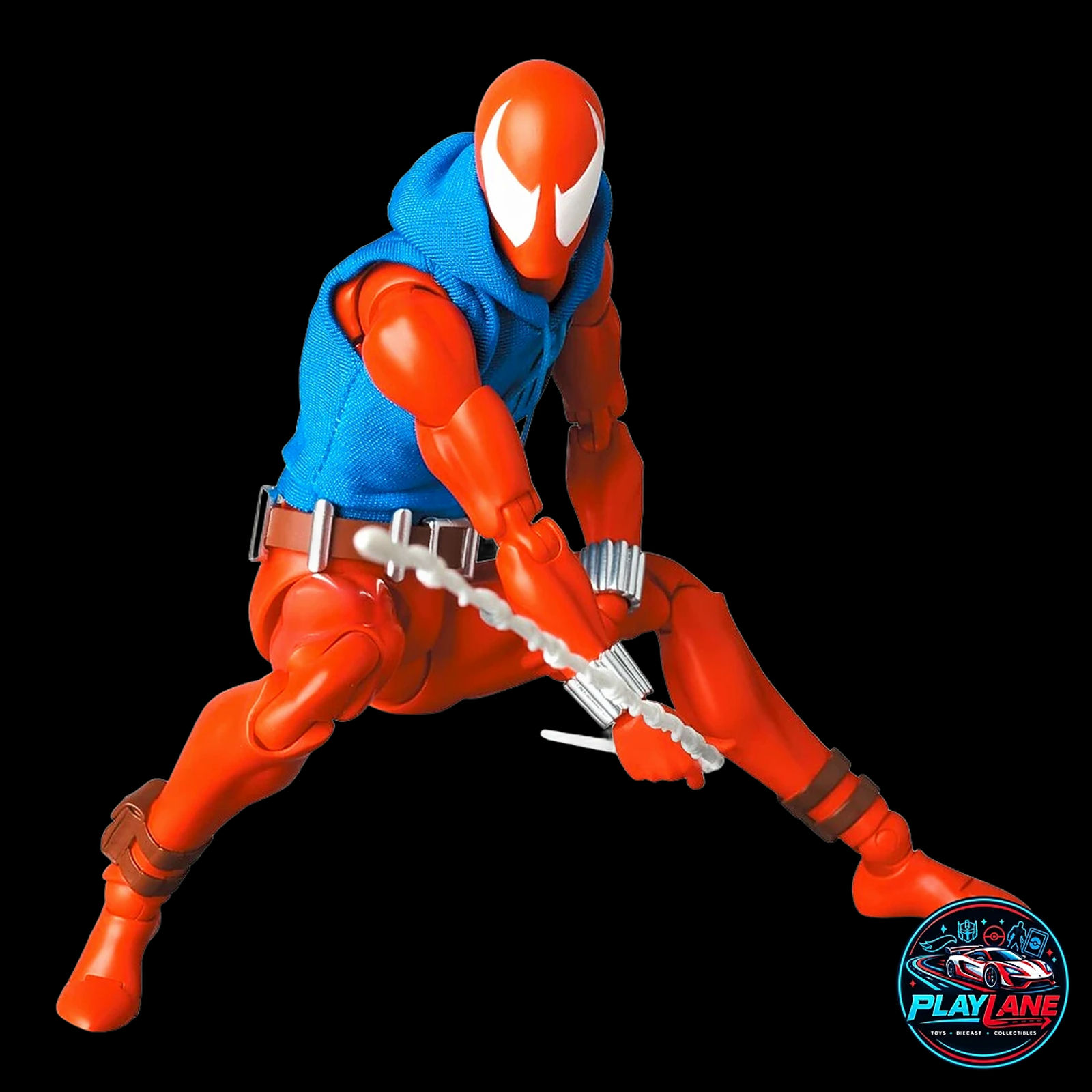 CT Toys Marvel Comics: Scarlet Spider Ben Reilly (MAFEX No. 186 Comic Version) 1/12 Scale Highly Articulated 6-Inch Action Figure with Real Fabric Sleeveless Hoodie, Web Lines & Display Stand - Main View 7