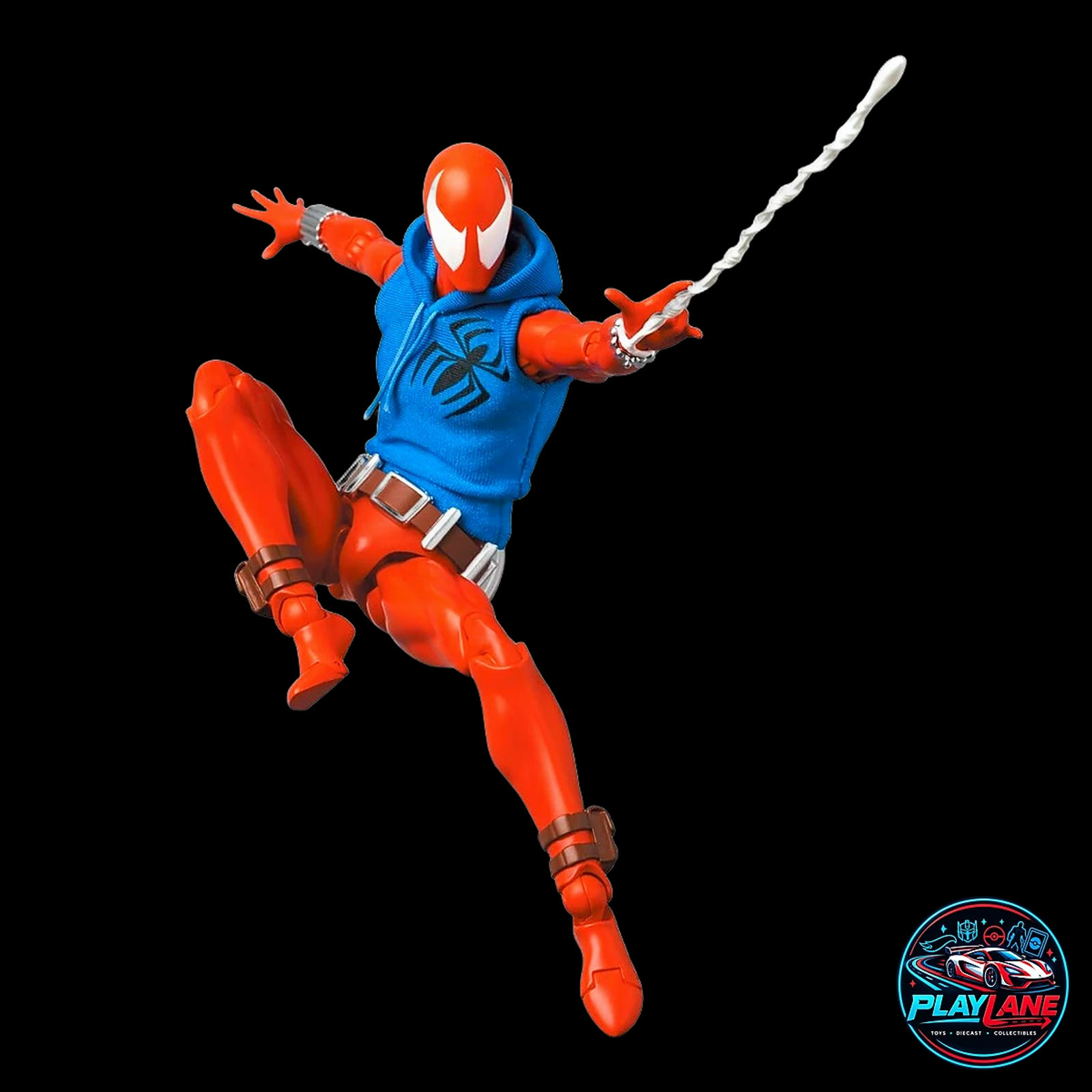 CT Toys Marvel Comics: Scarlet Spider Ben Reilly (MAFEX No. 186 Comic Version) 1/12 Scale Highly Articulated 6-Inch Action Figure with Real Fabric Sleeveless Hoodie, Web Lines & Display Stand - Main View 3