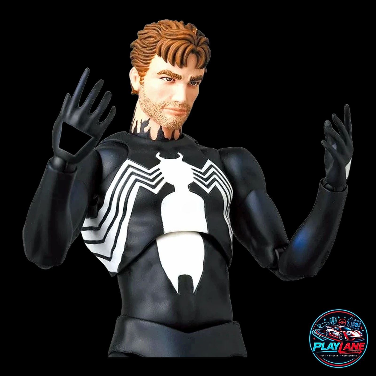 CT Toys Marvel Comics: Spider-Man (MAFEX No. 147 Symbiote Black Costume Comic Ver.) 1/12 Scale Highly Articulated Action Figure with Magnetic Hands & Feet, Web Lines & Dynamic Display Stand - Main View 6