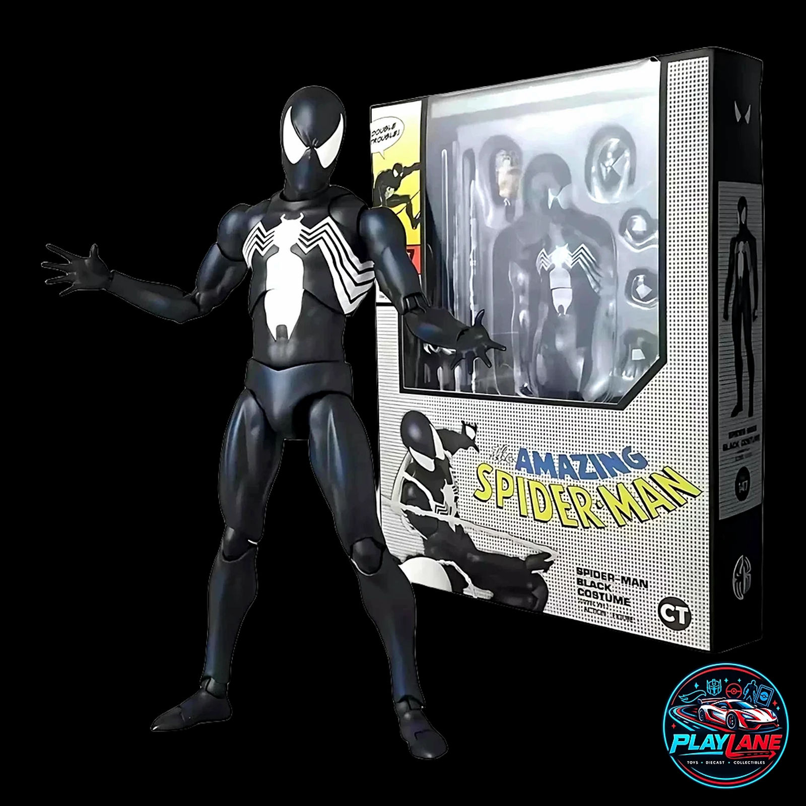 CT Toys Marvel Comics: Spider-Man (MAFEX No. 147 Symbiote Black Costume Comic Ver.) 1/12 Scale Highly Articulated Action Figure with Magnetic Hands & Feet, Web Lines & Dynamic Display Stand - Main View 1
