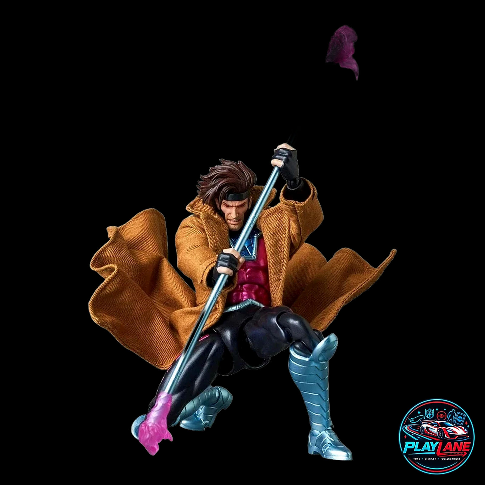 CT Toys Marvel Comics: X-Men Gambit (MAFEX No. 131 Comic Version) 1/12 Scale Highly Articulated Action Figure with Wired Fabric Trench Coat, Bo Staff, Kinetic Card Effects & Display Stand - Main View 2