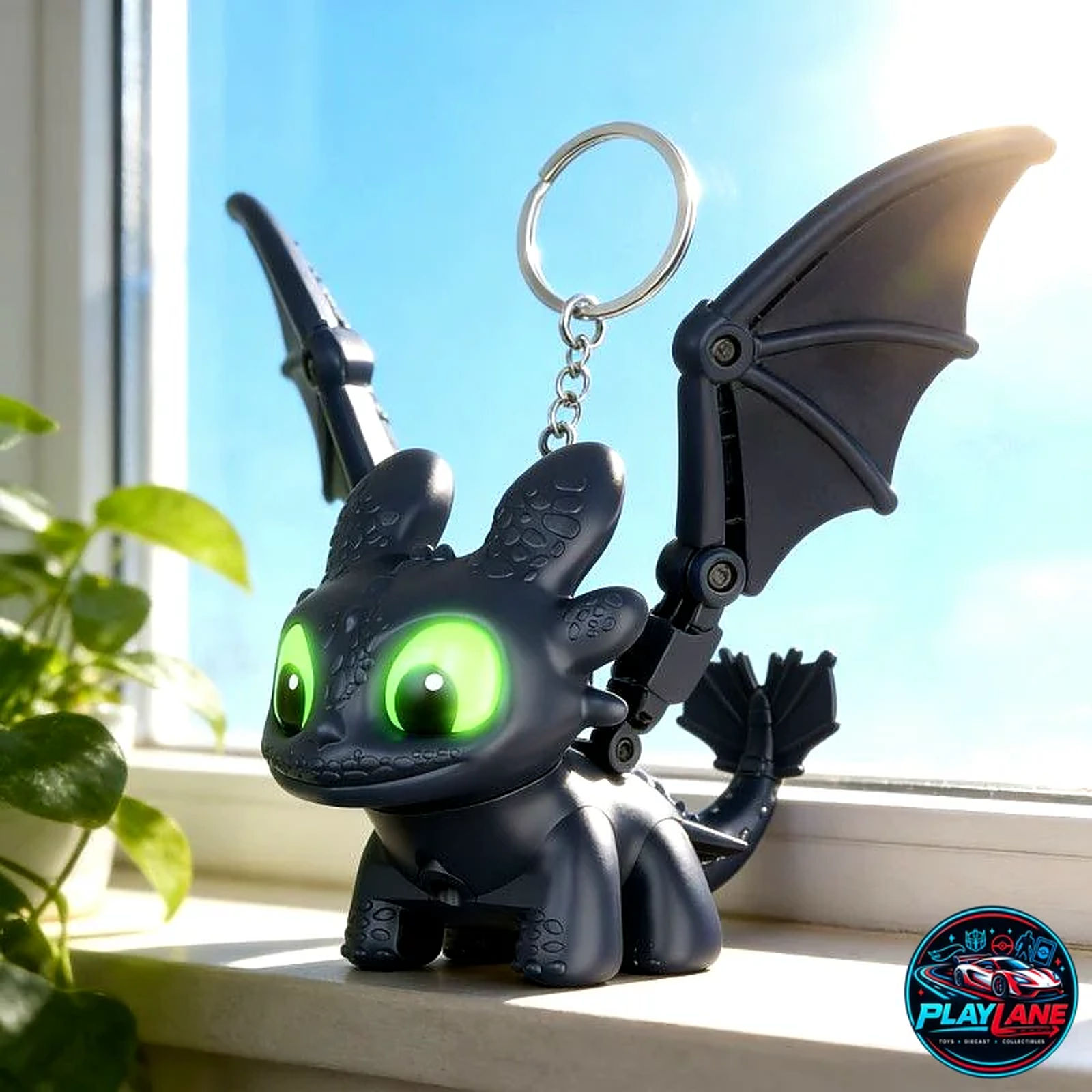 DreamWorks How to Train Your Dragon: Toothless (The Night Fury) 3D Interactive Toy Keychain with Flapping Moving Wings & Glowing LED Light-Up Green Eyes - Main View 3