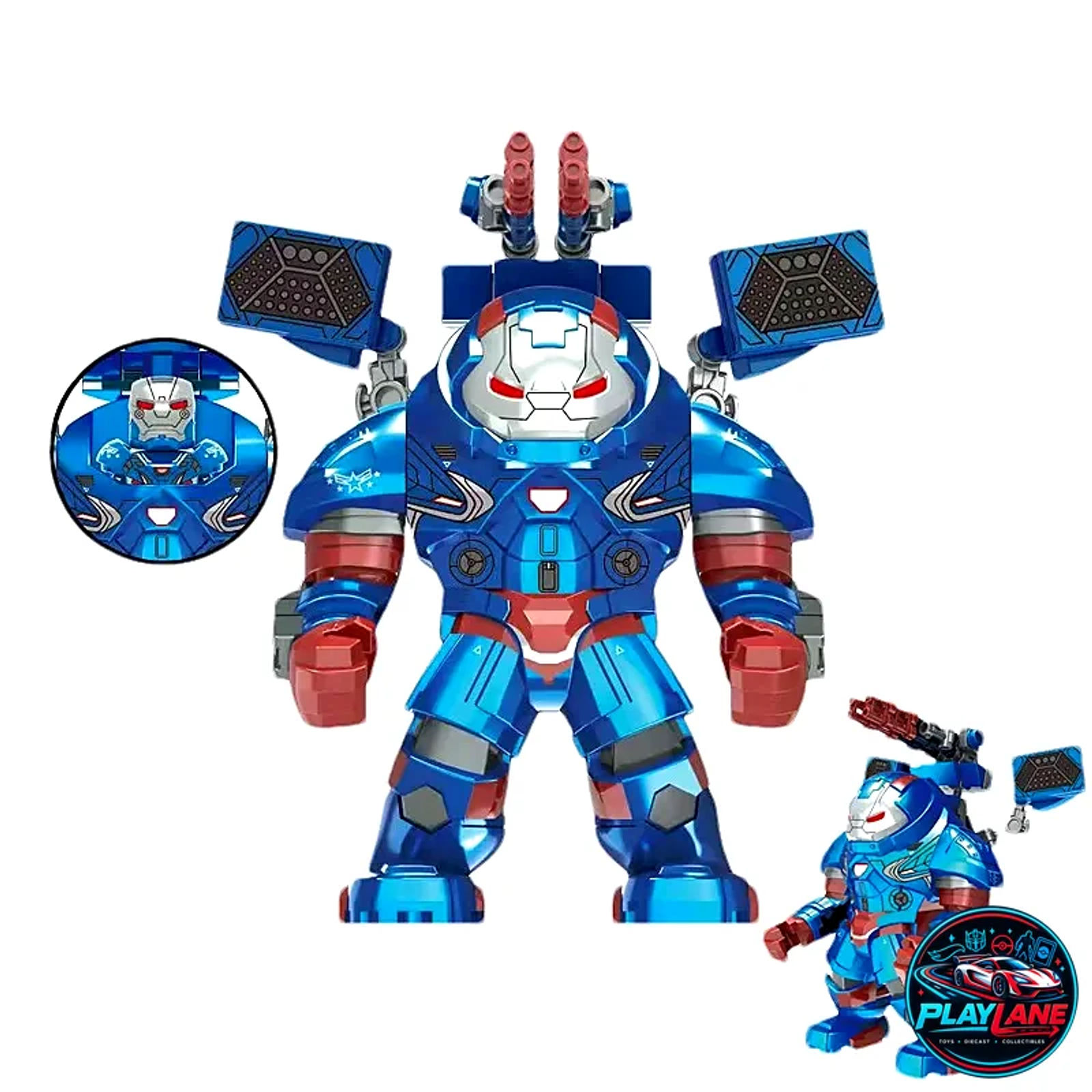 Marvel Avengers: Iron Patriot (Mark II Heavy Armor Ver. X1820) Custom BigFig - 100% LEGO-Compatible Large Scale Building Block Action Figure with Back-Mounted Missile Cannons - Main View 1