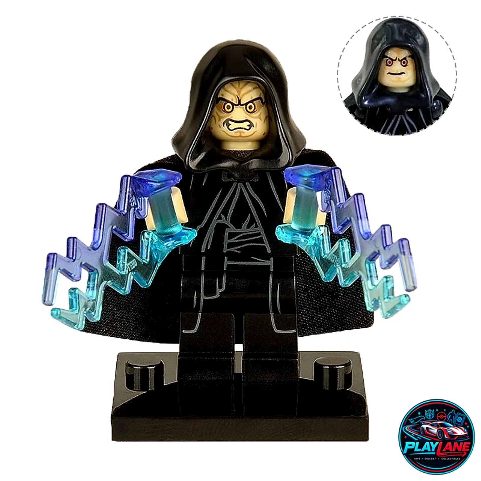 Star Wars: Darth Sidious / Emperor Palpatine Custom Minifigure (XH205 / XINH 205) Compatible with LEGO - Sith Robes with Crimson Lightsaber, Force Lightning & Hood - Main View 1