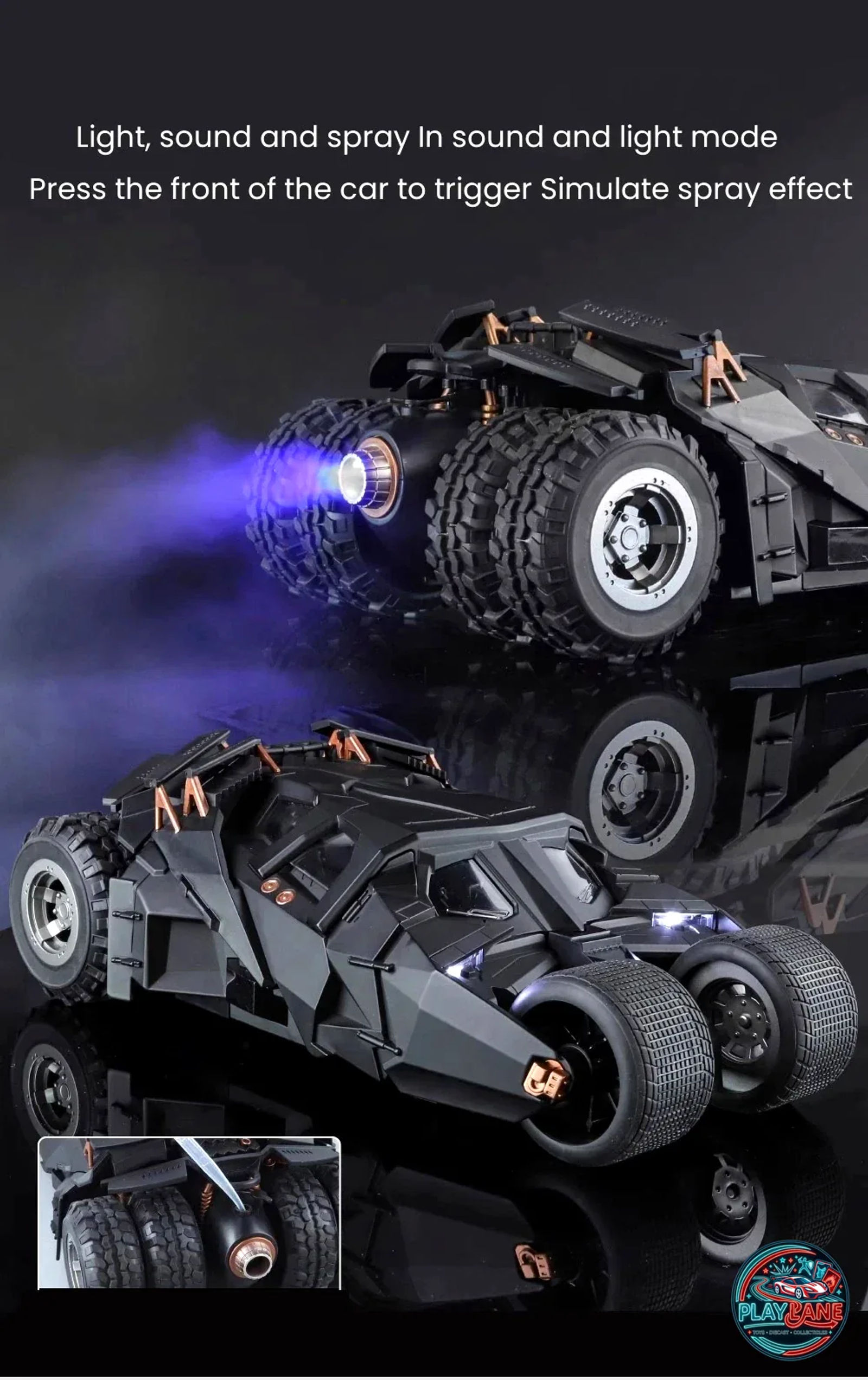Batman The Dark Knight Tumbler Batmobile | Premium Alloy Diecast Model Car with Real Smoke Spray Exhaust, LED Lights & Engine Sounds - Main View 4