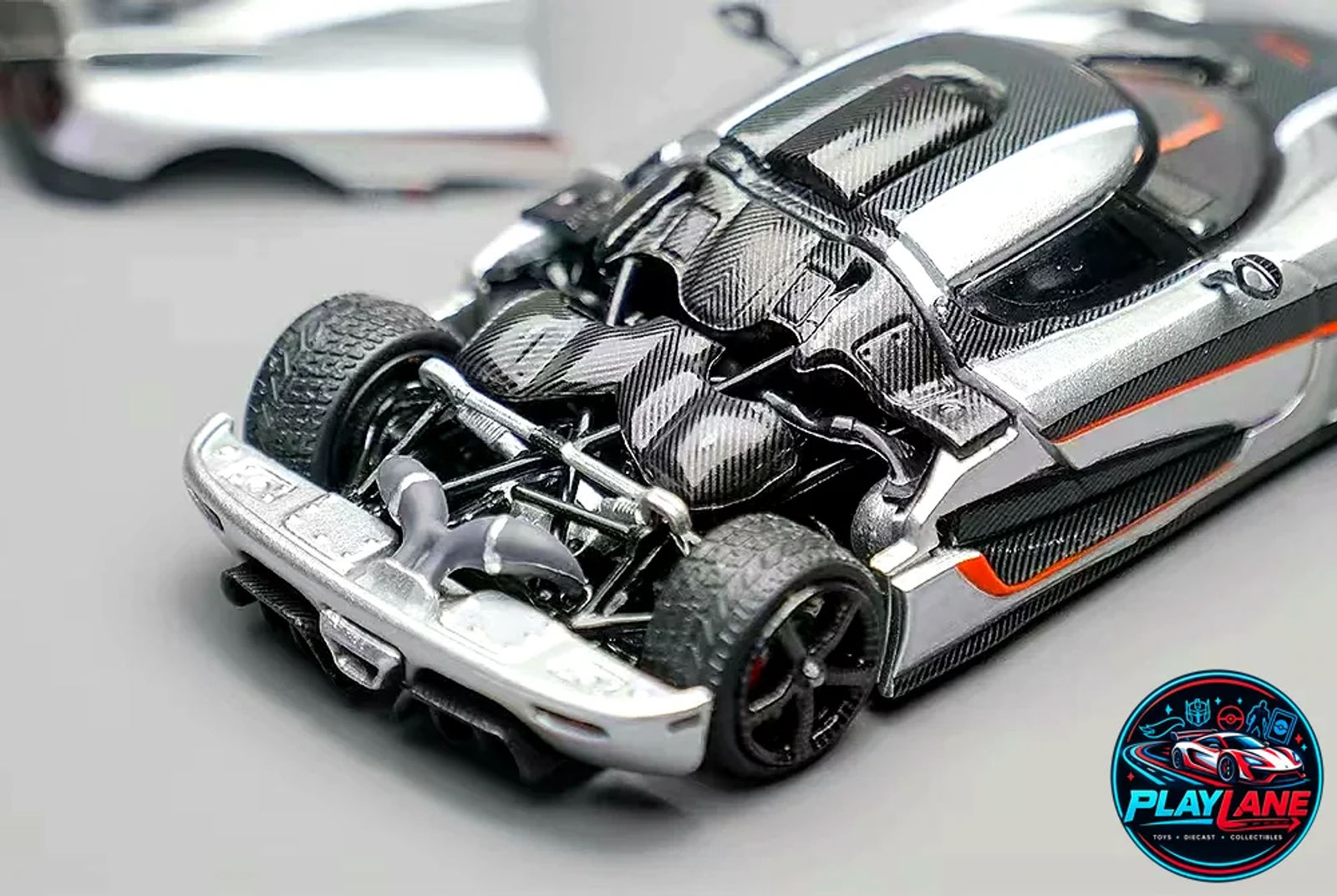 TPC 1:64 Koenigsegg Agera One:1 Silver Metallic Limited Edition Die-Cast Collector Model Car with Acrylic Display Case & Base - Main View 3